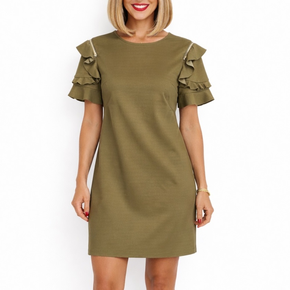 Olive Green Ruffle Sleeve Shift Dress | Zip Shoulder Detail | Size M dress
